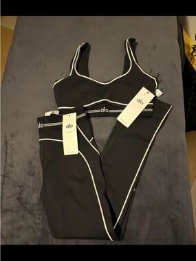 ALO Yoga Black Bodysuit and Leggings Set with White Piping